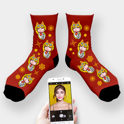 Personalised Photo Socks Chinese New Year Lucky Cat