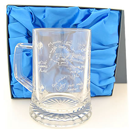 signature engraved on back of pint glass