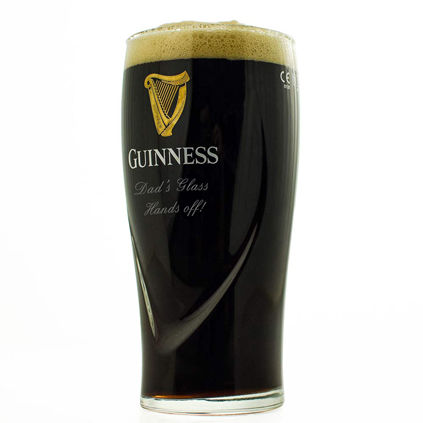 personalised Guinness glass with a message laser engraved onto the glass