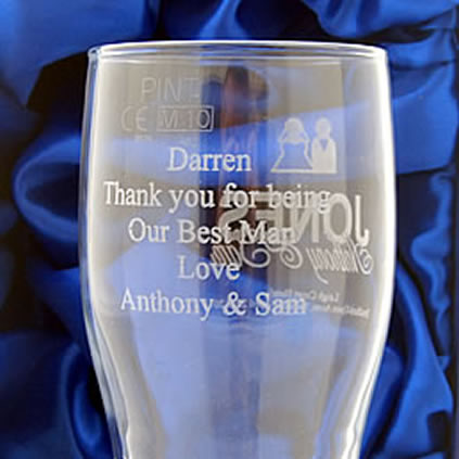 pint glass engraved with exclusive wedding design