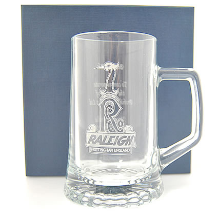 Raleigh logo engraved onto pint glass