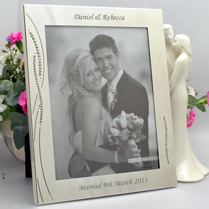 Engraved Silver Wedding Photo Frame With Diamante Crystals