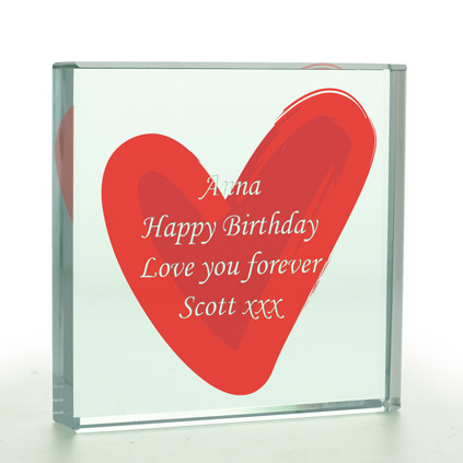 Any Message Personalised Engraved Red Diamante Heart Glass Block 