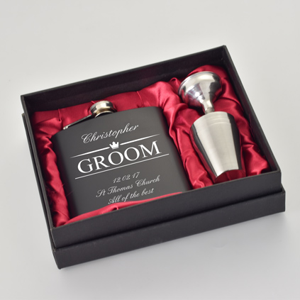 Personalised Black Hip Flask Set For The Groom