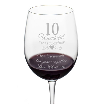 Personalised 'Ten Wonderful Years' Wine Glass