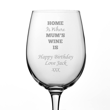 Personalised 'Home Is Where Mum's Wine Is' Wine Glass