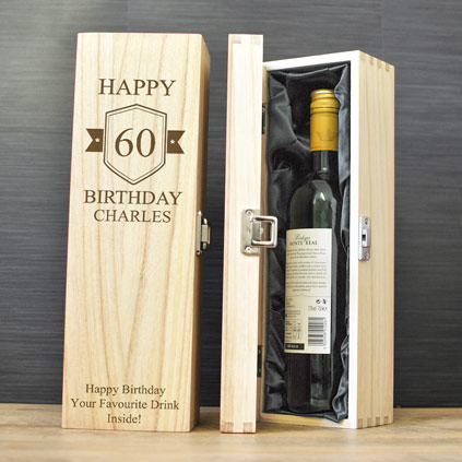 Personalised Birthday Badge Hinged Wine Box Any Age