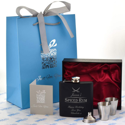 Personalised Spiced Rum Black Hip Flask Set