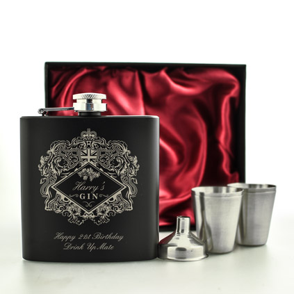 Personalised Gin Black Hip Flask Set