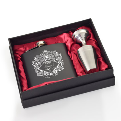 Personalised Gin Black Hip Flask Set