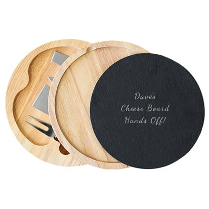 Personalised Round Wooden Cheeseboard With Removable Slate Serving Plate