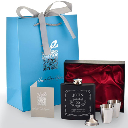 Personalised Whisky Black Hip Flask Set