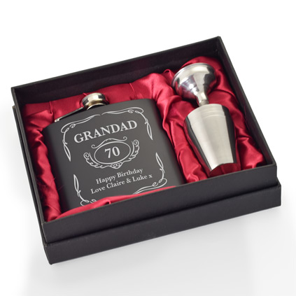 Personalised Whisky Black Hip Flask Set