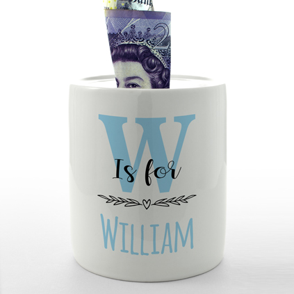 Personalised Money Box - Name & Initial Blue
