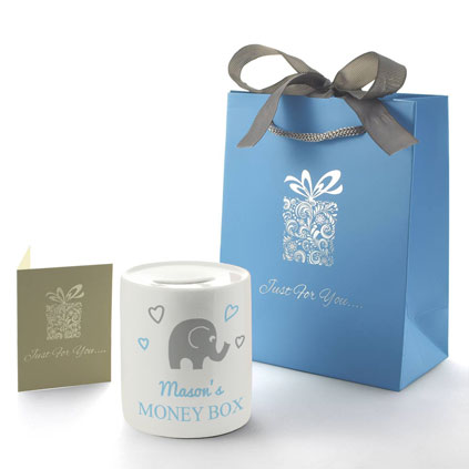 Personalised Money Box - Baby Elephant Blue