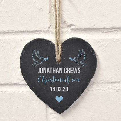 Personalised Hanging Slate Heart - Christened On Blue