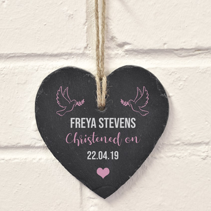 Personalised Hanging Slate Heart - Christened On Pink