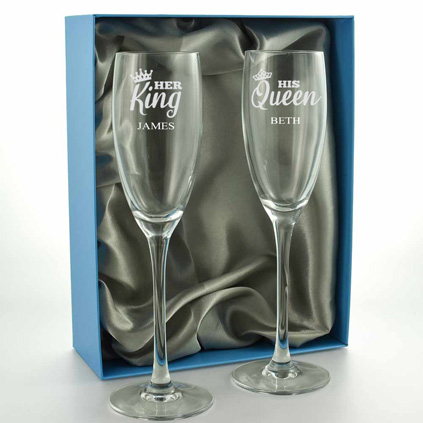 Personalised Pair of 'Her King His Queen' Champagne Flutes