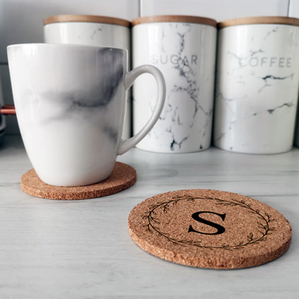 Personalised Wreath Cork Coaster Any Initial