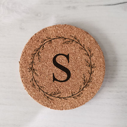 Personalised Wreath Cork Coaster Any Initial