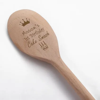 Personalised 1st Birthday Cake Smash Wooden Spoon - Blue Ribbon