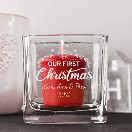 Personalised Our First Christmas Square Candle Holder