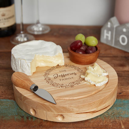 Personalised Round Cheeseboard Set - Wreath Family Name