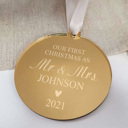 Personalised Our First Christmas Mr & Mrs Gold Mirrored Bauble