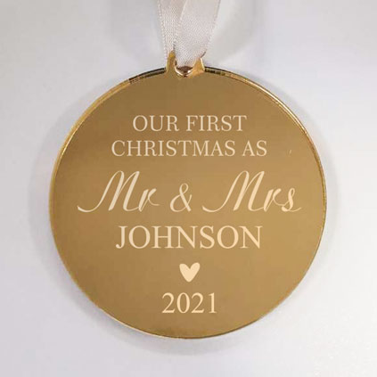 Personalised Our First Christmas Mr & Mrs Gold Mirrored Bauble