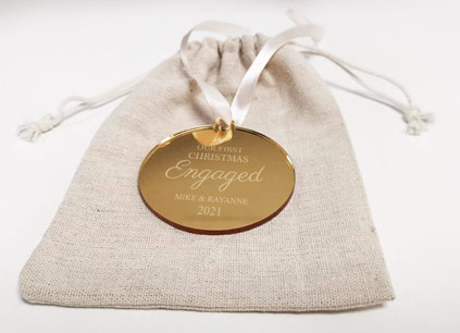 Personalised Our First Christmas Engaged Gold Mirrored Bauble