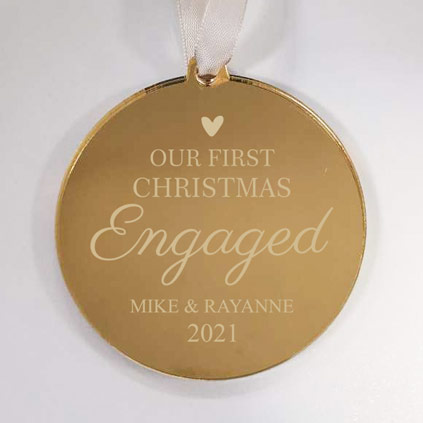 Personalised Our First Christmas Engaged Gold Mirrored Bauble