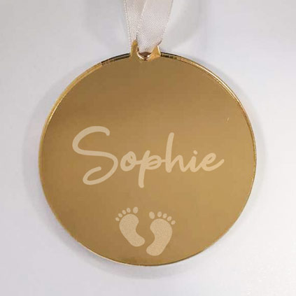 Personalised New Baby Feet Gold Mirrored Christmas Bauble