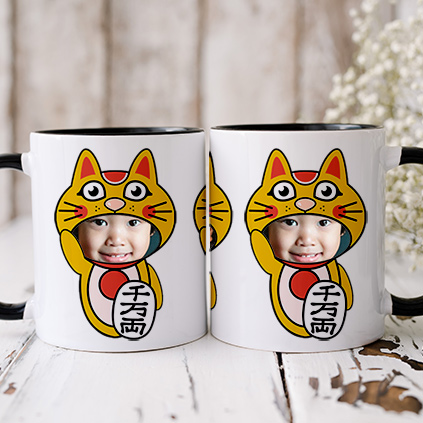 Personalised Chinese Lucky Cat Photo Upload Black Handle Mug