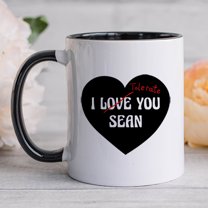 Personalised I tolerate You Heart Black Handled Mug