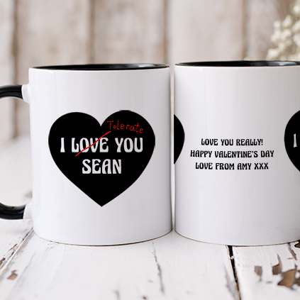 Personalised I tolerate You Heart Black Handled Mug