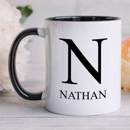 Personalised Initial And Name Black Handled Mug