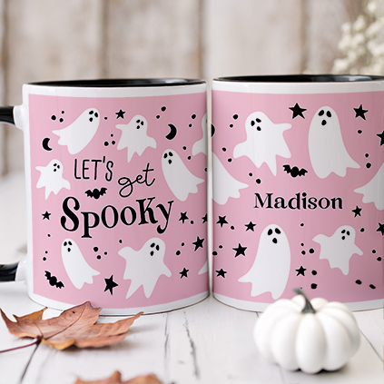 Personalised Pink Ghosts And Bats Halloween Mug