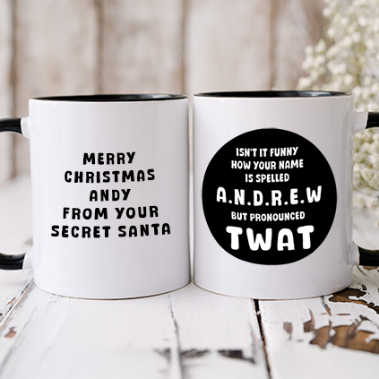 Personalised Funny Secret Santa Black Handled Mug