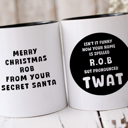 Personalised Funny Secret Santa Black Handled Mug