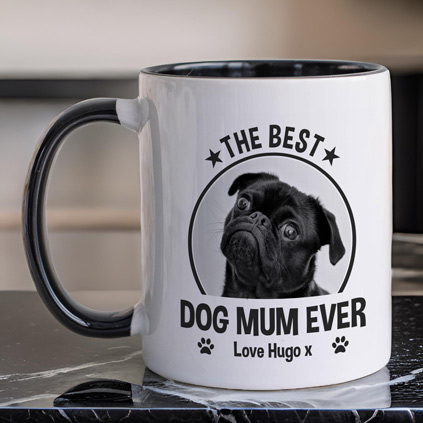 Personalised Best Dog Mum Ever Photo Black Handled Mug
