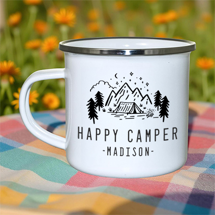 Personalised Happy Camper Enamel Mug