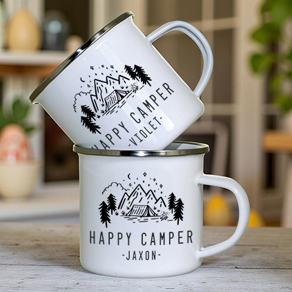 Personalised Happy Camper Enamel Mug
