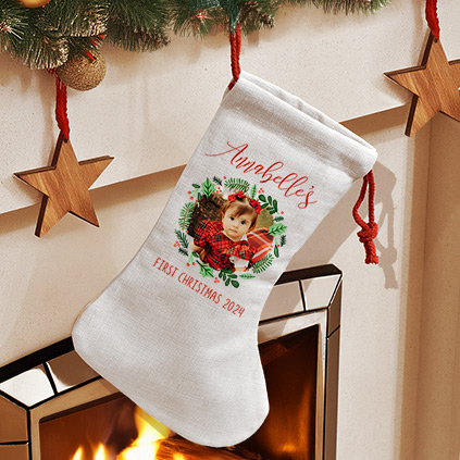 First Christmas Photo Wreath Stocking
