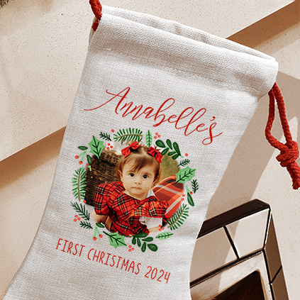 First Christmas Photo Wreath Stocking