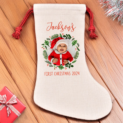 First Christmas Photo Wreath Stocking