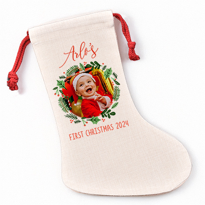 First Christmas Photo Wreath Stocking