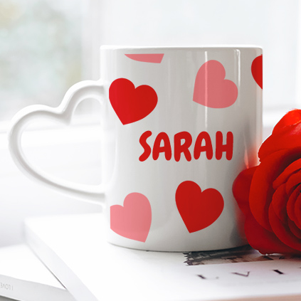 Personalised Red Hearts Name Heart Handled Mug