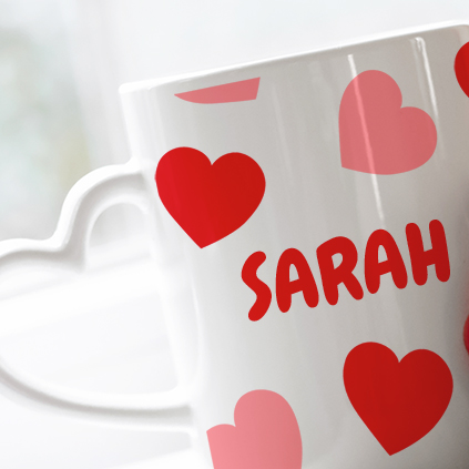 Personalised Red Hearts Name Heart Handled Mug