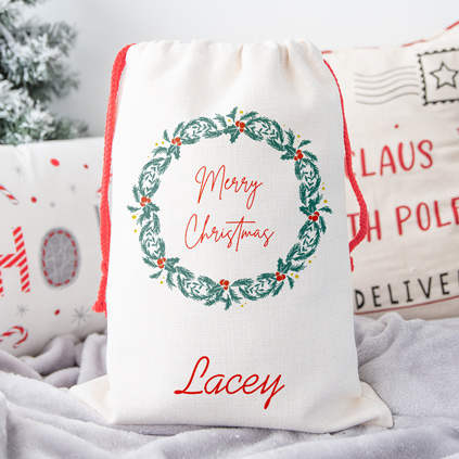 Personalised Santa Sack - Merry Christmas Wreath Any Name