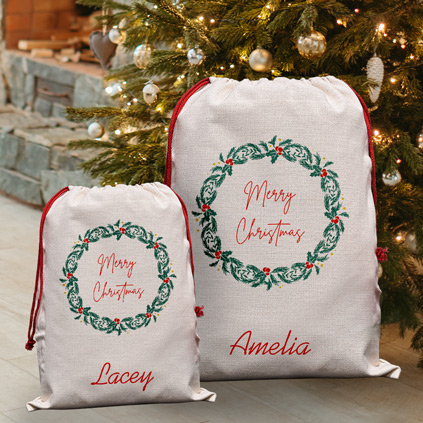 Personalised Santa Sack - Merry Christmas Wreath Any Name